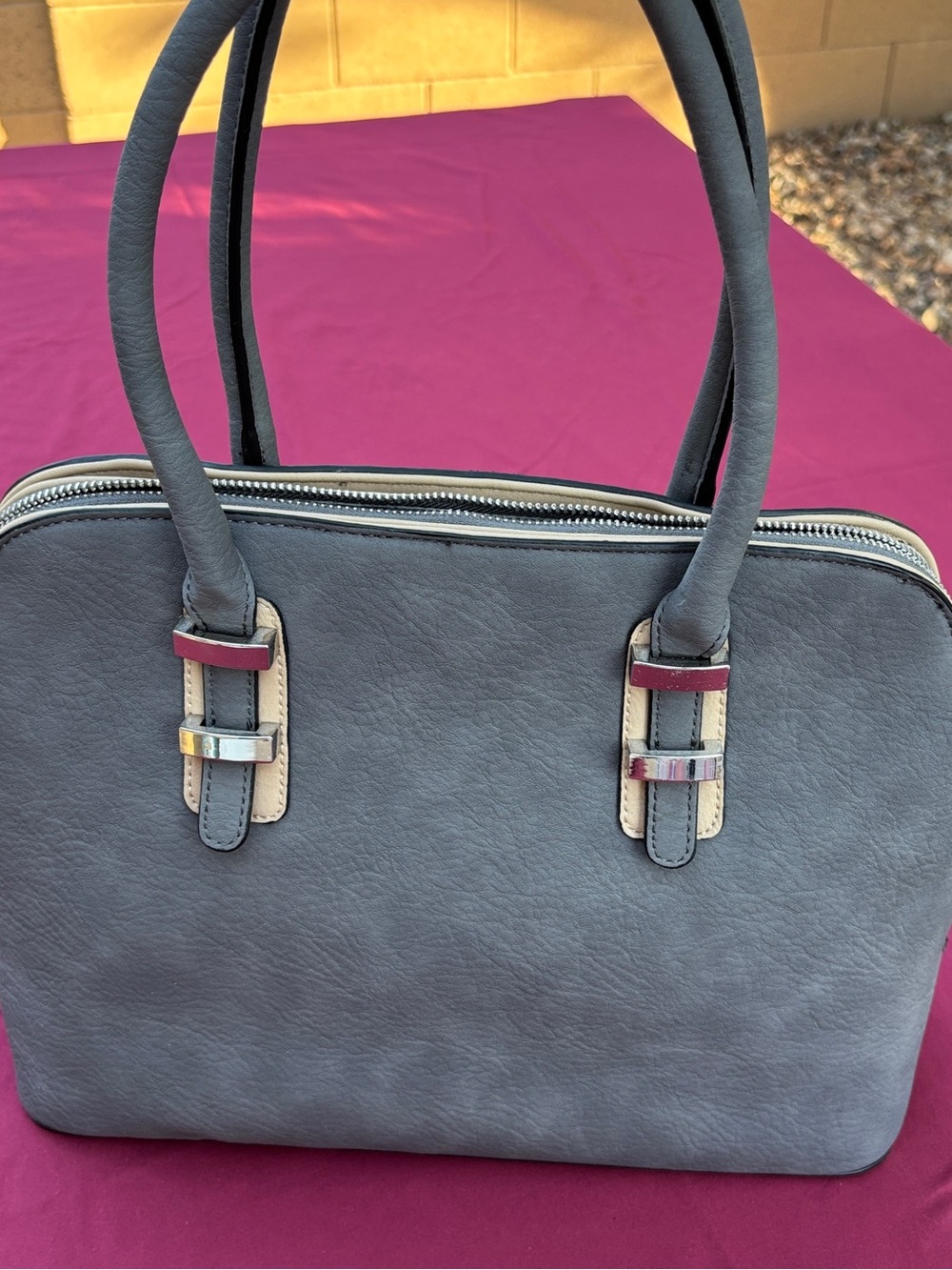Charming Charlie Gray Medium Satchel Handbag Multi Compartment Silver Hardware